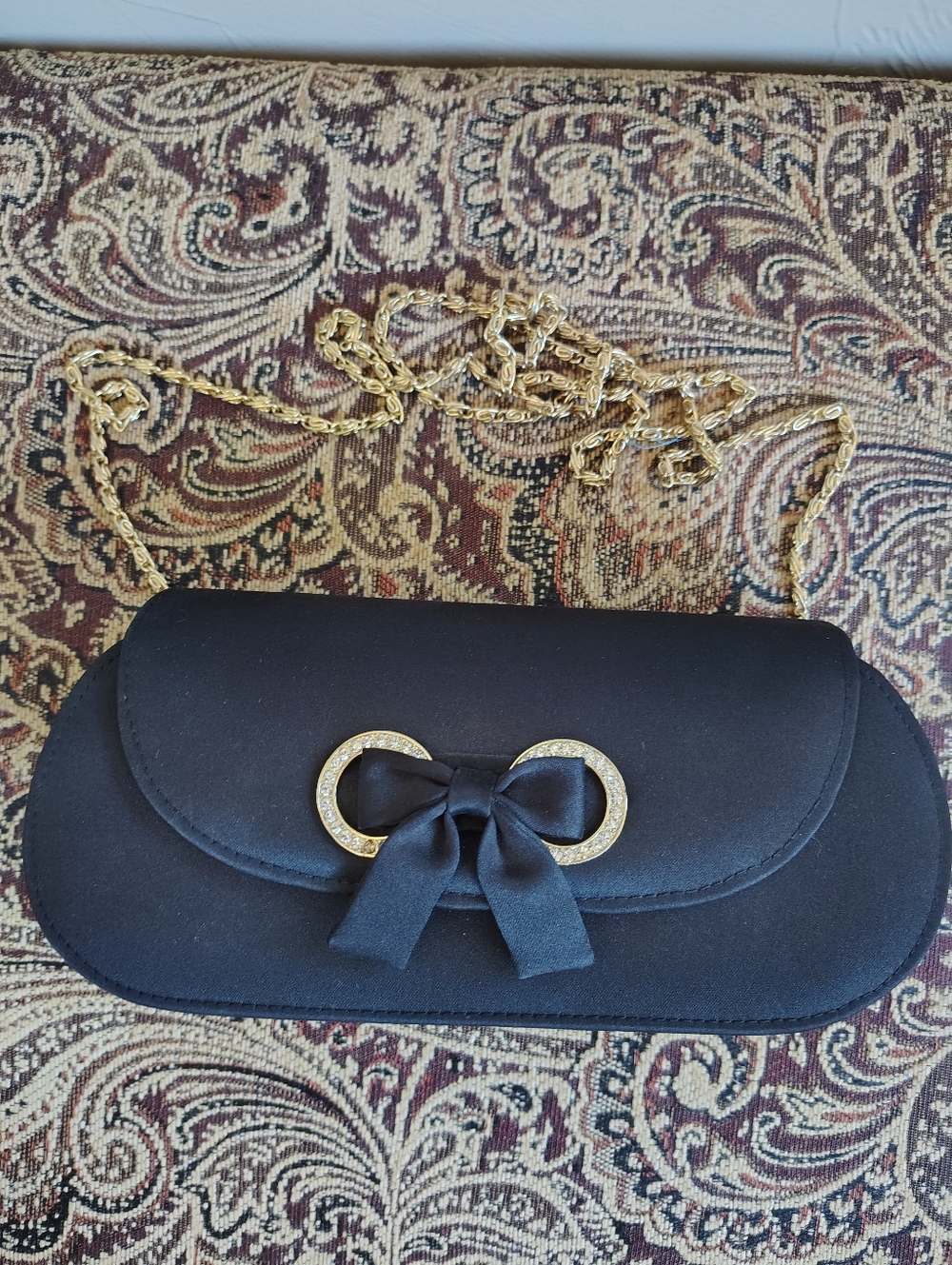Kate Landry Black Clutch Bow Rhinestone Accents Gold Chain Strap Party Wedding